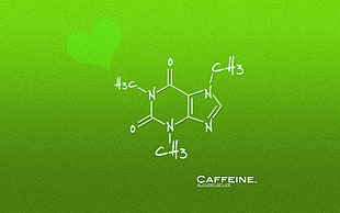 green background with caffeine text overlay, chemistry, formula, artwork