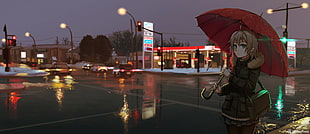 black and red patio umbrella, umbrella, short hair, sky, car HD wallpaper
