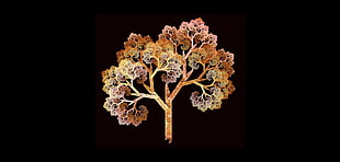 brown tree wall art, trees, fractal, gold, black background