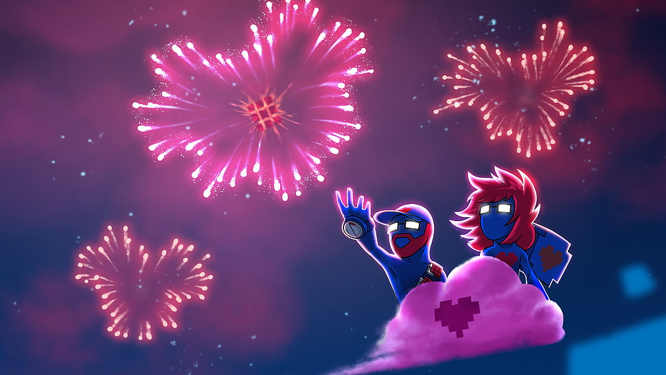 male and female riding on pink cloud digital wallpaper, Monstercat, Pegboard Nerds, fireworks, clouds HD wallpaper