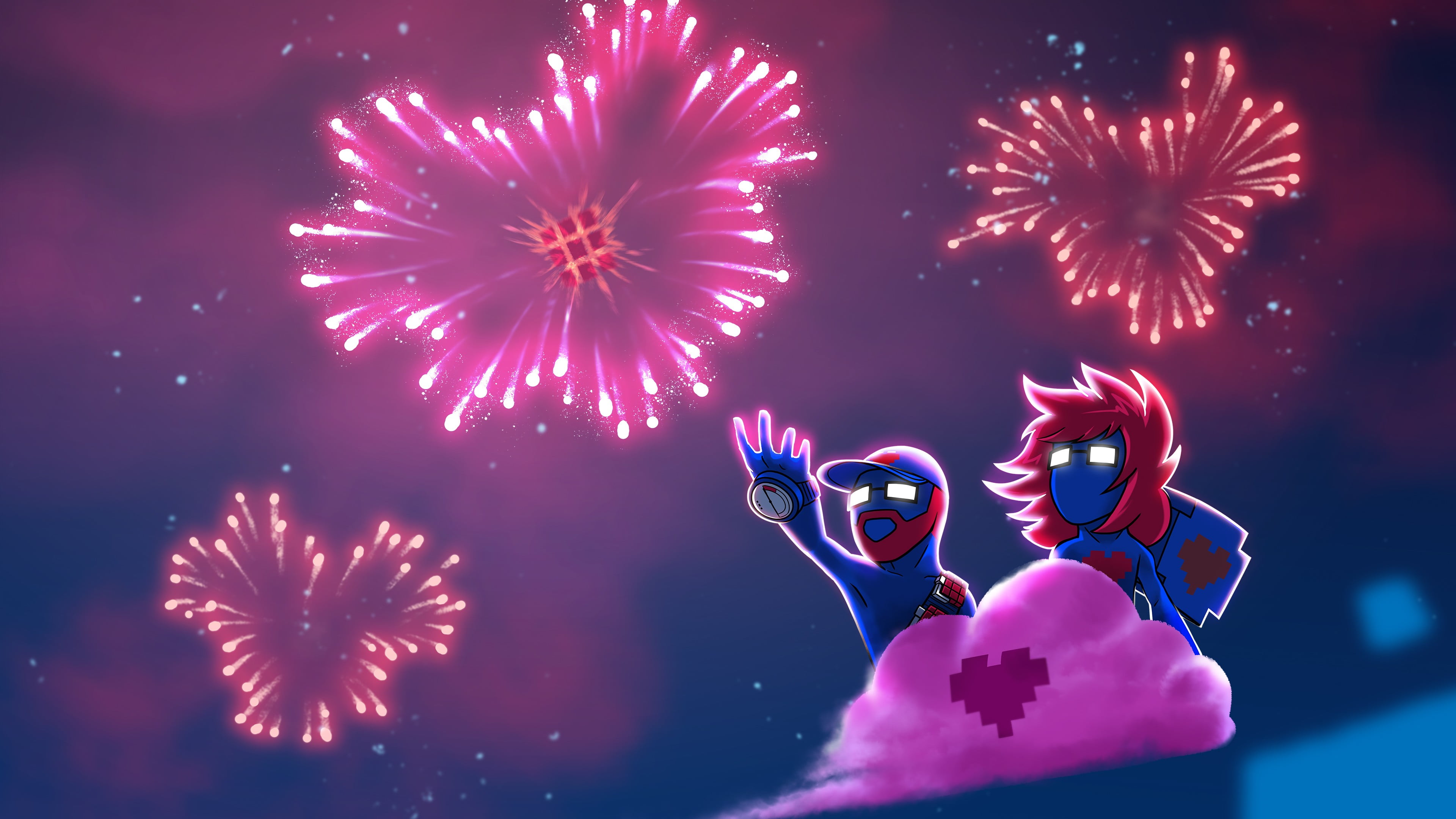 male and female riding on pink cloud digital wallpaper, Monstercat, Pegboard Nerds, fireworks, clouds