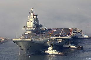 white and blue concrete building, warship, Liaoning 16, aircraft carrier, military