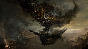 gray ship wallpaper, steampunk, fantasy art