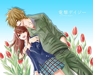 man in green shirt hugging woman in blue school uniform anime wallpaper