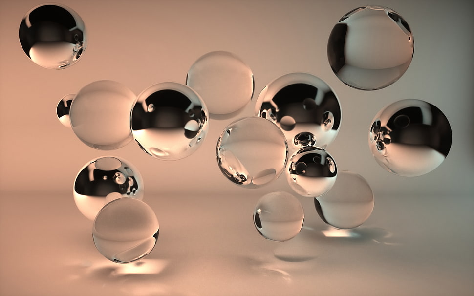 clear glass ball lot, water drops, CGI, digital art, reflection HD wallpaper