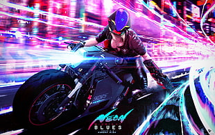 black sports bike with text overlay, cyberpunk, digital art, Nelson Tai