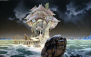 painting of castle on sea wallpaper, Roger Dean, fantasy art, rock, sea