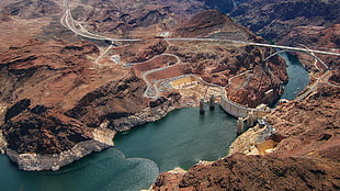 aerial view of white concrete fence, nature, landscape, road, Hoover Dam