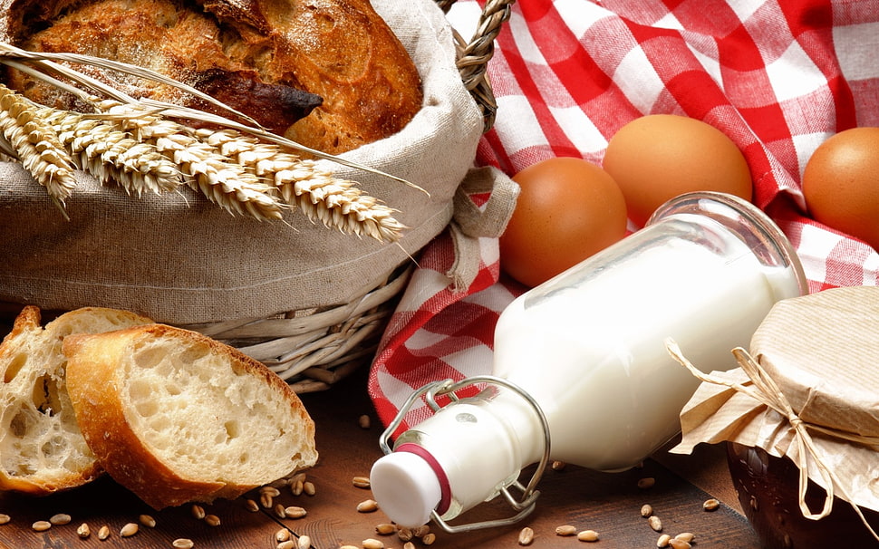 clear glass milk bottle and brown bread HD wallpaper