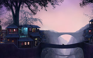 bridge between buildings, artwork, fantasy art, house, bridge