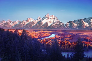 snow-covered mountains, forest, and body of water during sunset