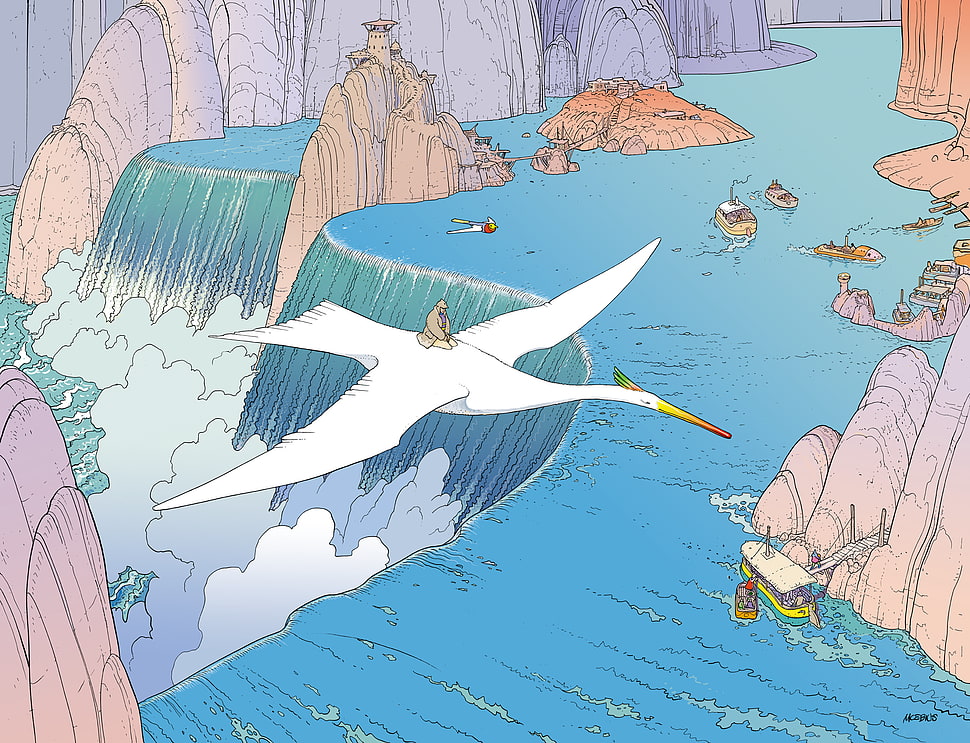 white bird flying over waterfalls painting, Mœbius, comics, artwork, waterfall HD wallpaper