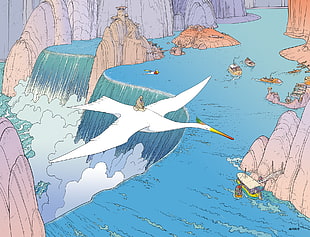 white bird flying over waterfalls painting, Mœbius, comics, artwork, waterfall