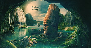 buddha head on body of water digital wallpaper, fantasy art, Desktopography