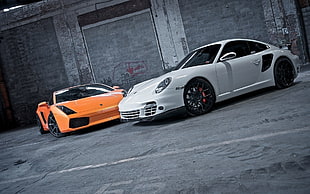 orange Lamborghini Gallardo and white Porsche 911 coupe, Porsche, orange cars, white cars