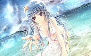 blue haired woman in white bikini anime illustration HD wallpaper