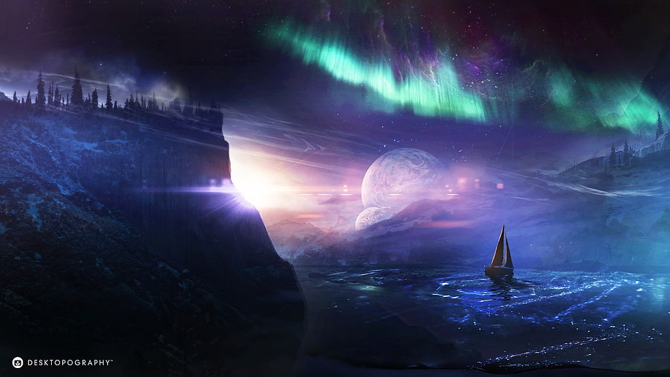 sailboat on water under aurora borealis digital wallpaper, fantasy art, Desktopography HD wallpaper
