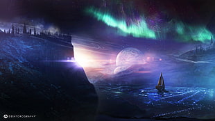 sailboat on water under aurora borealis digital wallpaper, fantasy art, Desktopography