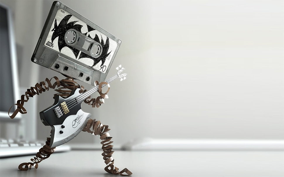 white and black robot toy, cassette, electric guitar, robot, audio cassete HD wallpaper