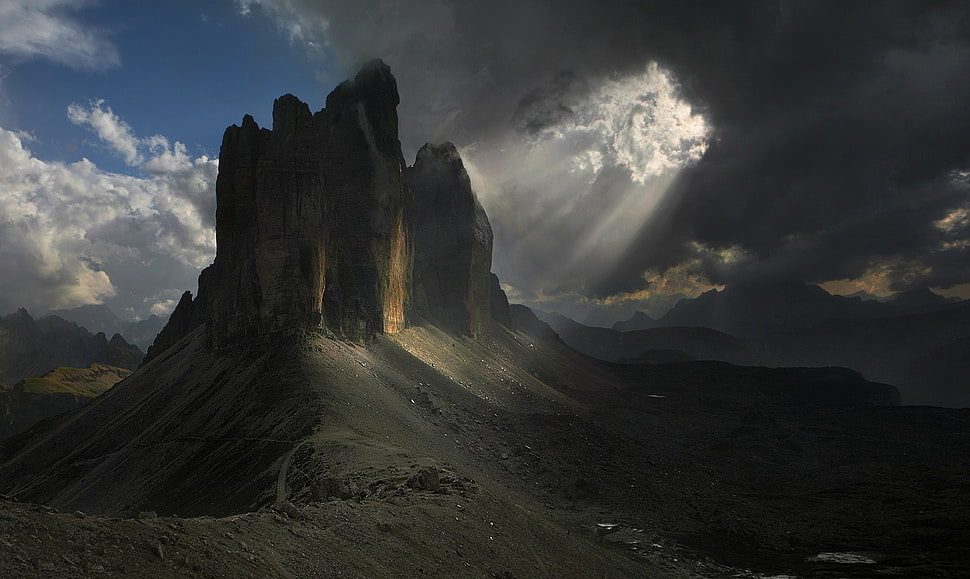 rock formation, mountains, sun rays, Dolomites (mountains), clouds HD wallpaper