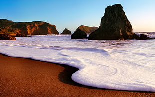 ocean horizon with brown rock formation in landscape photography