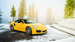 yellow convertible coupe, Porsche, snow, car, yellow cars