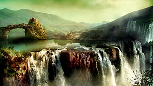 waterfalls painting, fantasy art, landscape, waterfall, nature