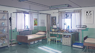 white and black wooden kitchen cabinet, hospital, bed, ArseniXC, artwork