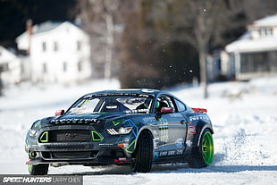 black coupe with text overlay, Ford Mustang, Monster Energy, RTR