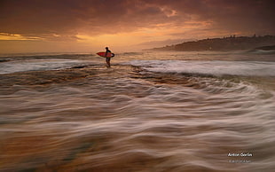 red surfboard, surfing, waves, sea, sky HD wallpaper