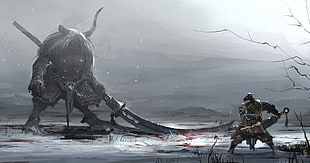 Kratos illustration, fantasy art, warrior, sword