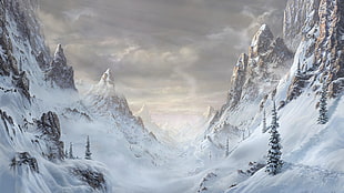 snow coated mountains, mountains, artwork, winter