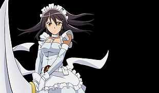 female anime character wearing white maid costume holding sword