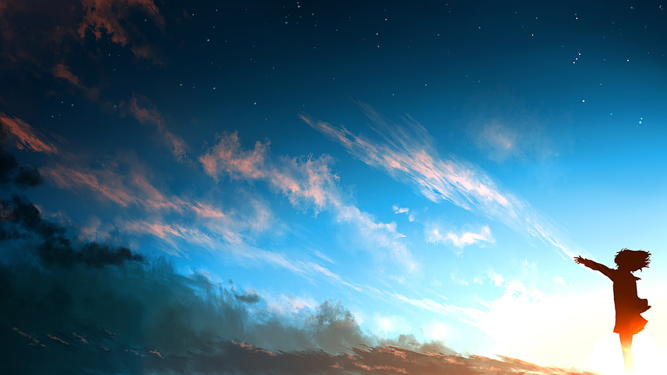 blue sky and white clouds, anime, sky, sunset, clouds HD wallpaper