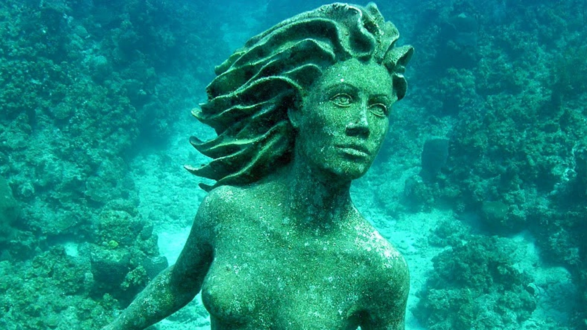 female concrete statue, statue, underwater, mermaids, sea