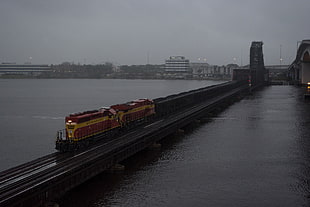 red and yellow train, train, diesel locomotive, bridge