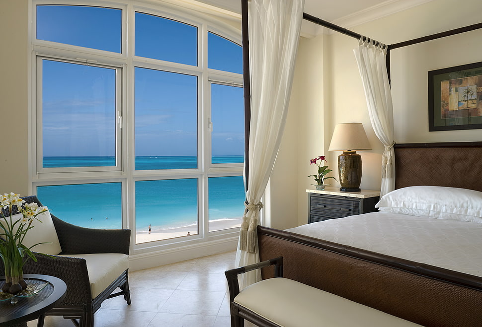 bedroom near seaside view HD wallpaper