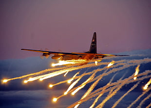 brown plane, military, army, flares, Lockheed C-130 Hercules