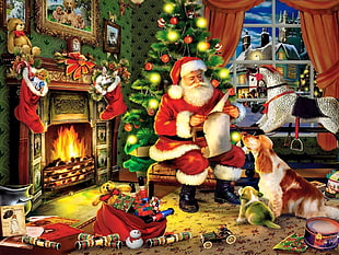 Santa Claus holding white paper near on fireplace painting, Christmas