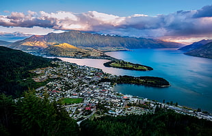 aerial photo of a lakeside city, queenstown