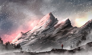 person standing on slope facing mountain range covered with snow painting, mountains, landscape