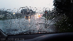 vehicle windshield, rain, lights, water drops