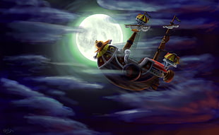 brown pirate ship in the air during full moon