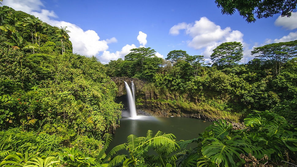 water falls with green trees under blue cloudy sky HD wallpaper