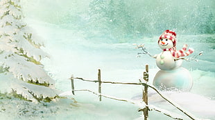 snowman beside pine tree surrounded by snows digital wallpaper