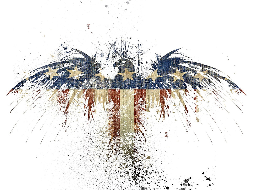 blue, white, and red U.S.A eagle illustration, flag, American flag, eagle, paint splatter HD wallpaper
