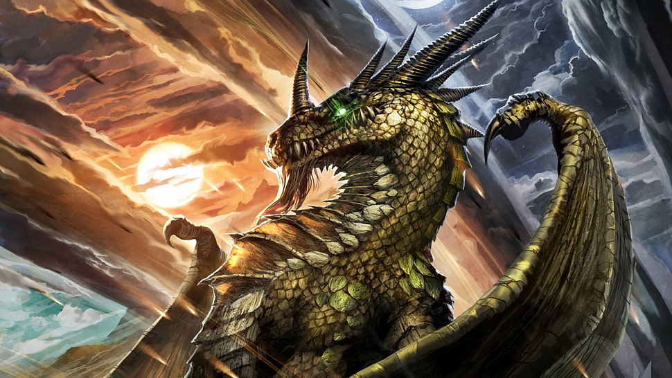 dragon under red sky digital wallpaper, dragon,  World of Warcraft, Hearthstone: Heroes of Warcraft, fantasy art HD wallpaper