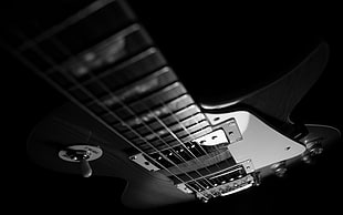 black telecaster electric guitar, guitar, monochrome, musical instrument
