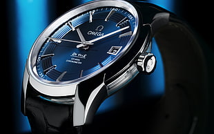 silver-colored Omega analog watch with black band HD wallpaper