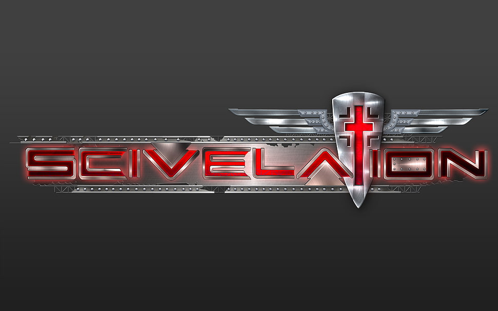 silver and red Scivelatoin logo HD wallpaper
